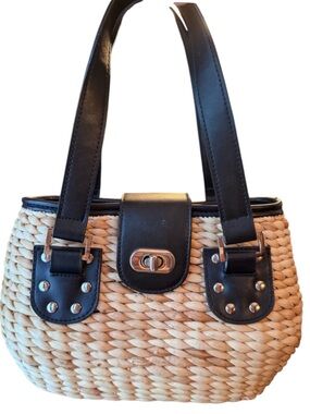 Kelly & Katie straw basket purse black faux-leather trim silver tone hardware